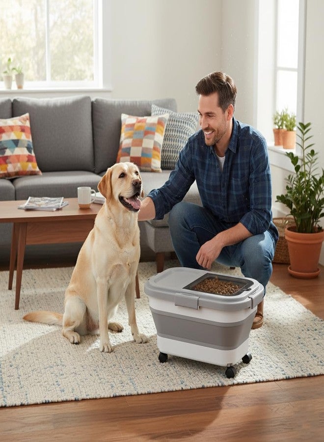 Summark 15 Lbs Dog/Cat Food Storage Container,Collapsible Food Storage Containers with Rolling Wheel Airtight Locking Lid,Pet Food Storage Container with Cup and Scoop,Grey - Image 4